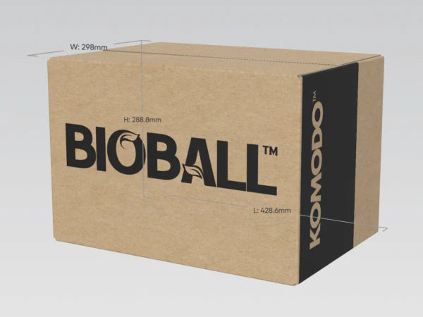 Cardboard box with 'BIOBALL' and 'Komodo' branding on a white background