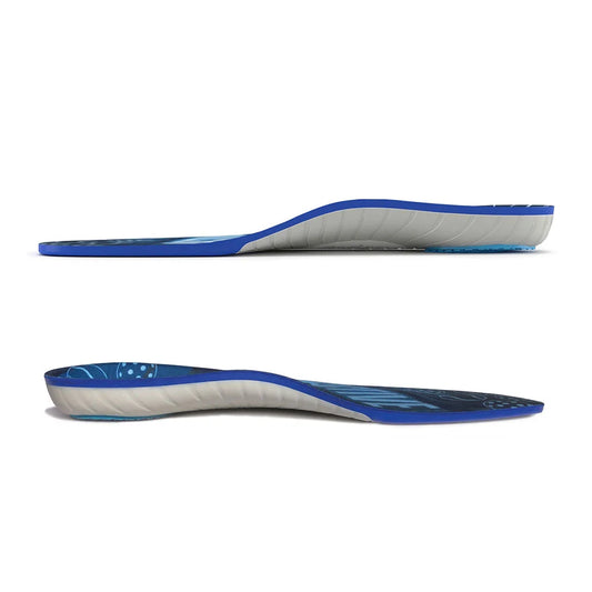 Pair of blue and gray shoe insoles on a white background