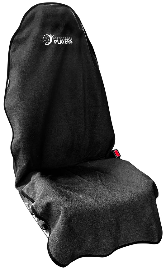 Black car seat cover with a logo Pickleball Players on a white background