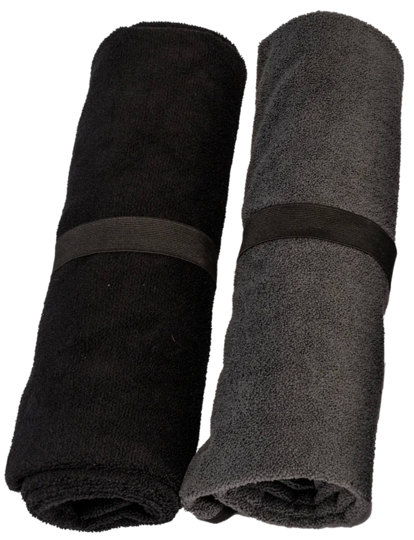 Two rolled-up towels, one black and one gray, on a white background