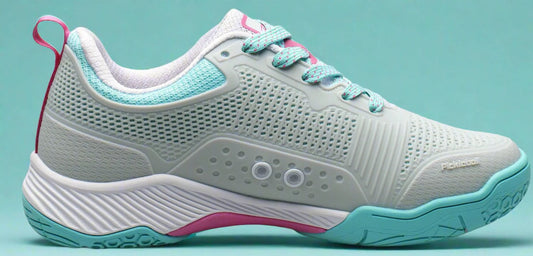 Miami pickleball shoe with pink and blue accents on a teal background
