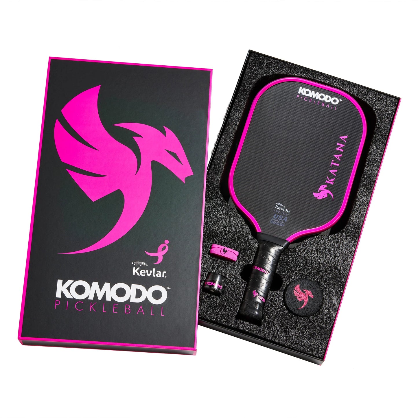 14mm Pink and black Komodo Katana kevlar pickleball paddle with packaging on a white background