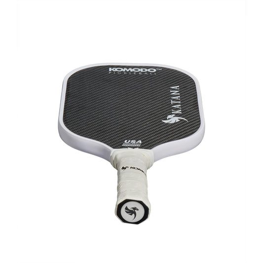 Best beginner to intermediate pickleball paddle. Komodo 16mm white & black Katana pickleball paddle on a white background