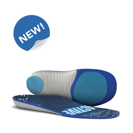 Blue and gray shoe insole with 'NEW!' label on a white background