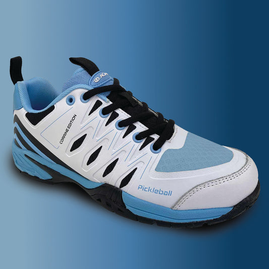 Corrine Signature (Sky) blue and white pickleball shoe on a blue background