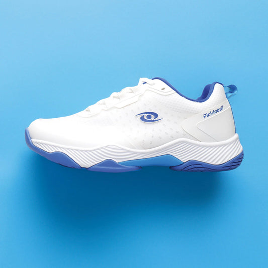ClearShot (Breeze) white pickleball shoe with blue accents on a blue background