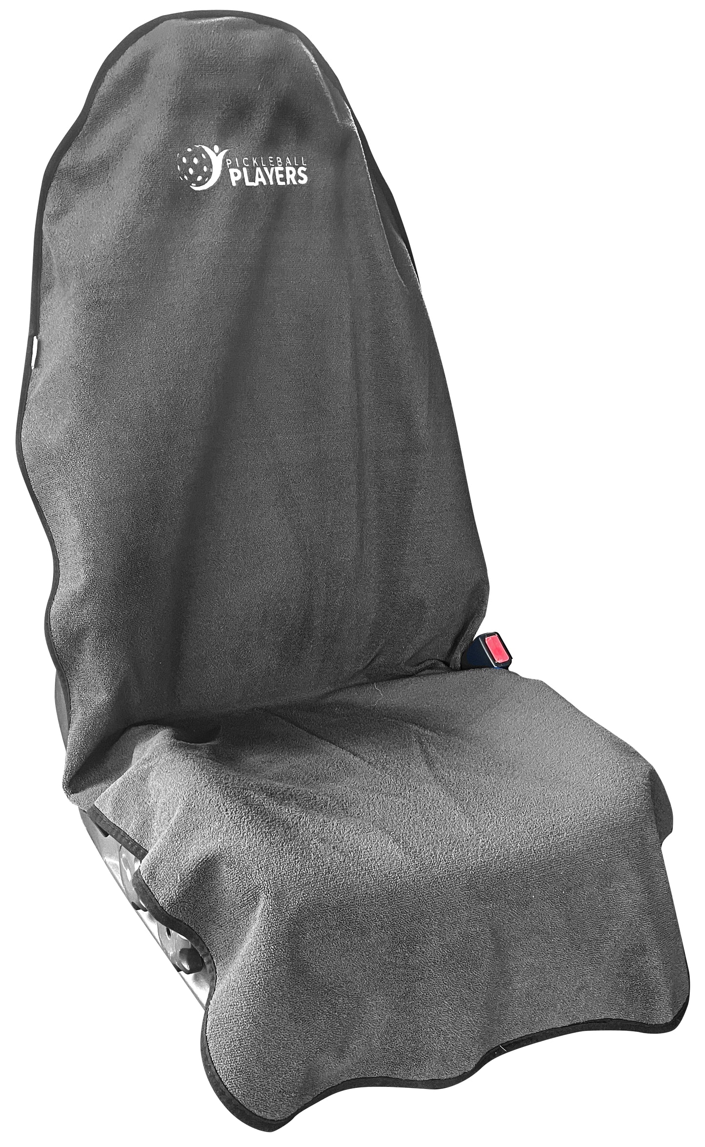 Gray car seat cover with a brand logo Pickleball Players on a white background