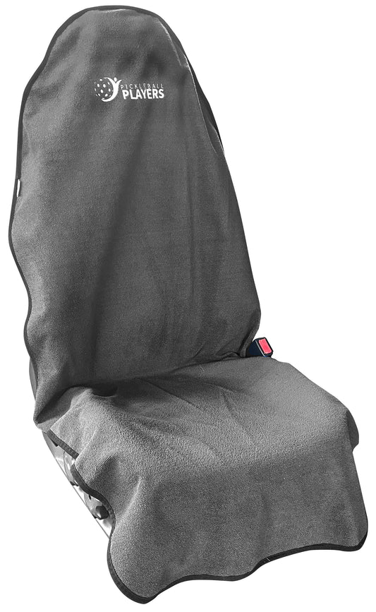 Gray car seat cover with a brand logo Pickleball Players on a white background