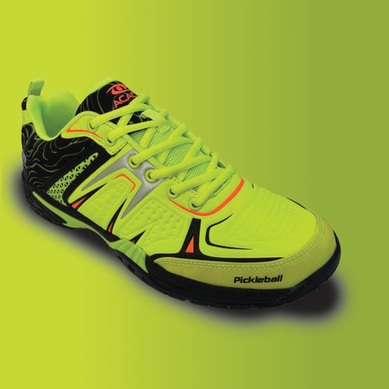 Dinkshot II Neon green pickleball shoe on a bright green & lime background