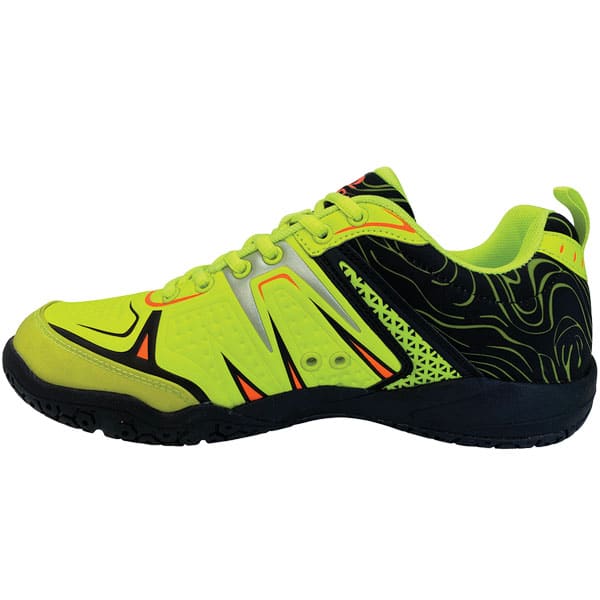 Dinkshot II Bright green/lime pickleball shoe with black and orange accents on a white background