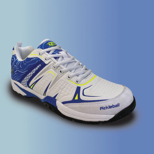 Dinkshot II white pickleball shoe with blue and green accents on a light blue background