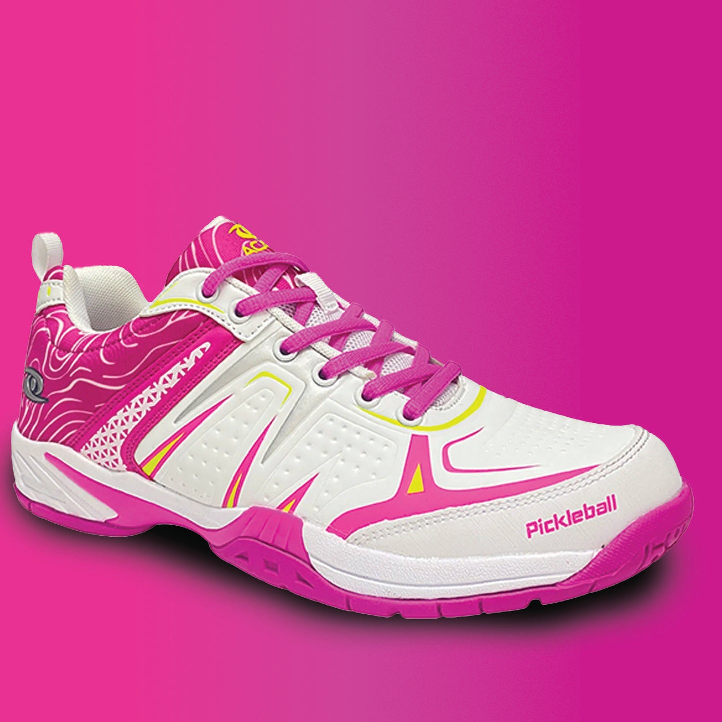 Dinkshot White and pink pickleball shoe on a pink background