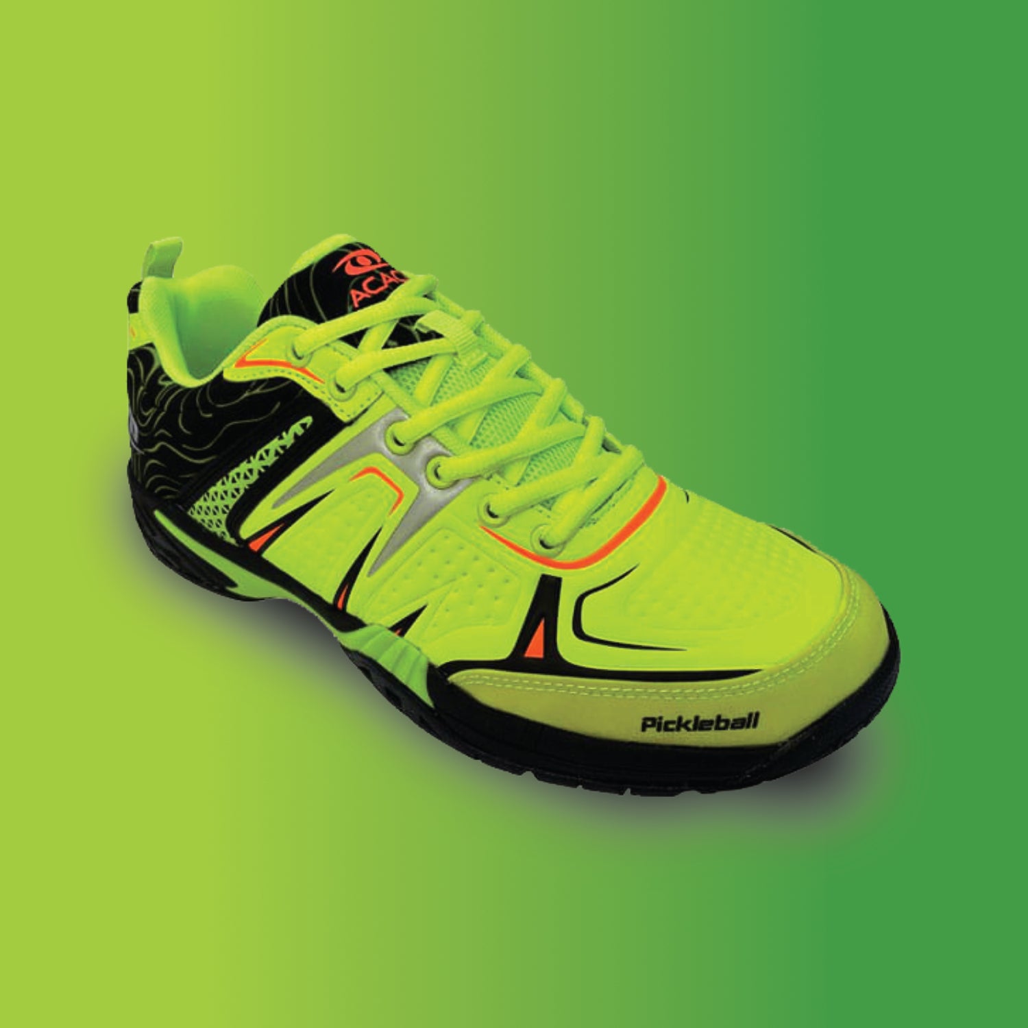 Neon green pickleball shoe on a bright green background