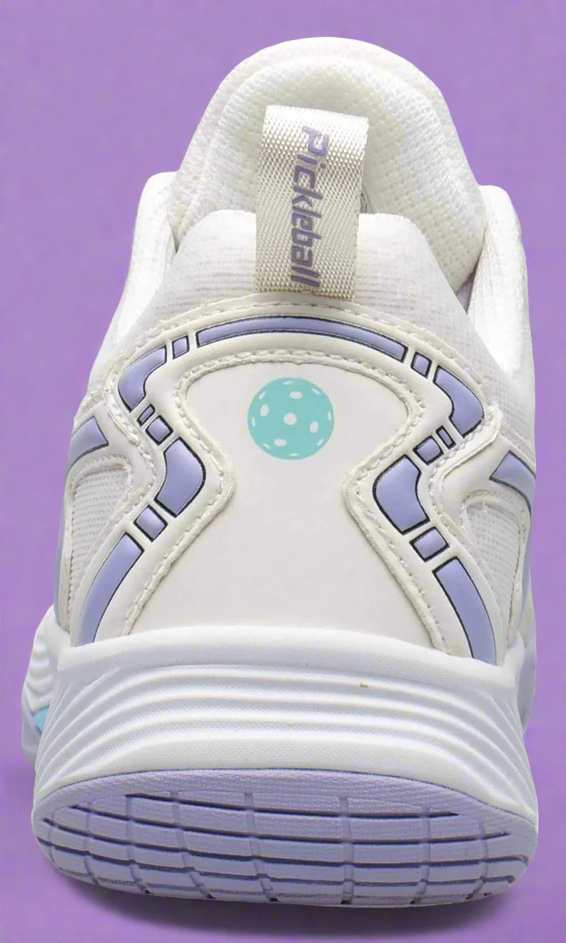 Dreanshot white and light blue pickleball shoe on a purple background