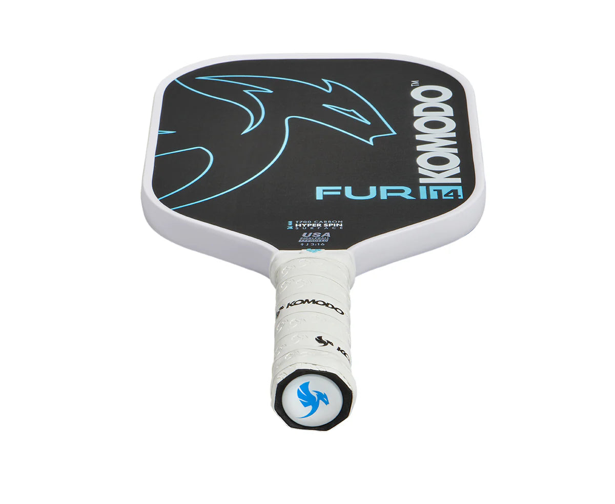 Blue Furi 14mm Pickleball paddle with Komodo branding on a white background