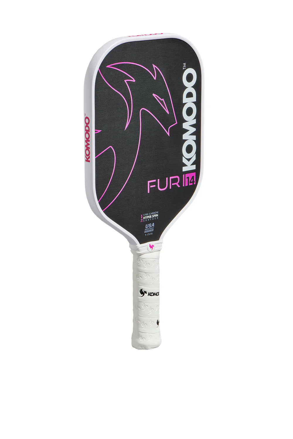 Furi 16mm Pink Pickleball paddle with Komodo branding on a white background