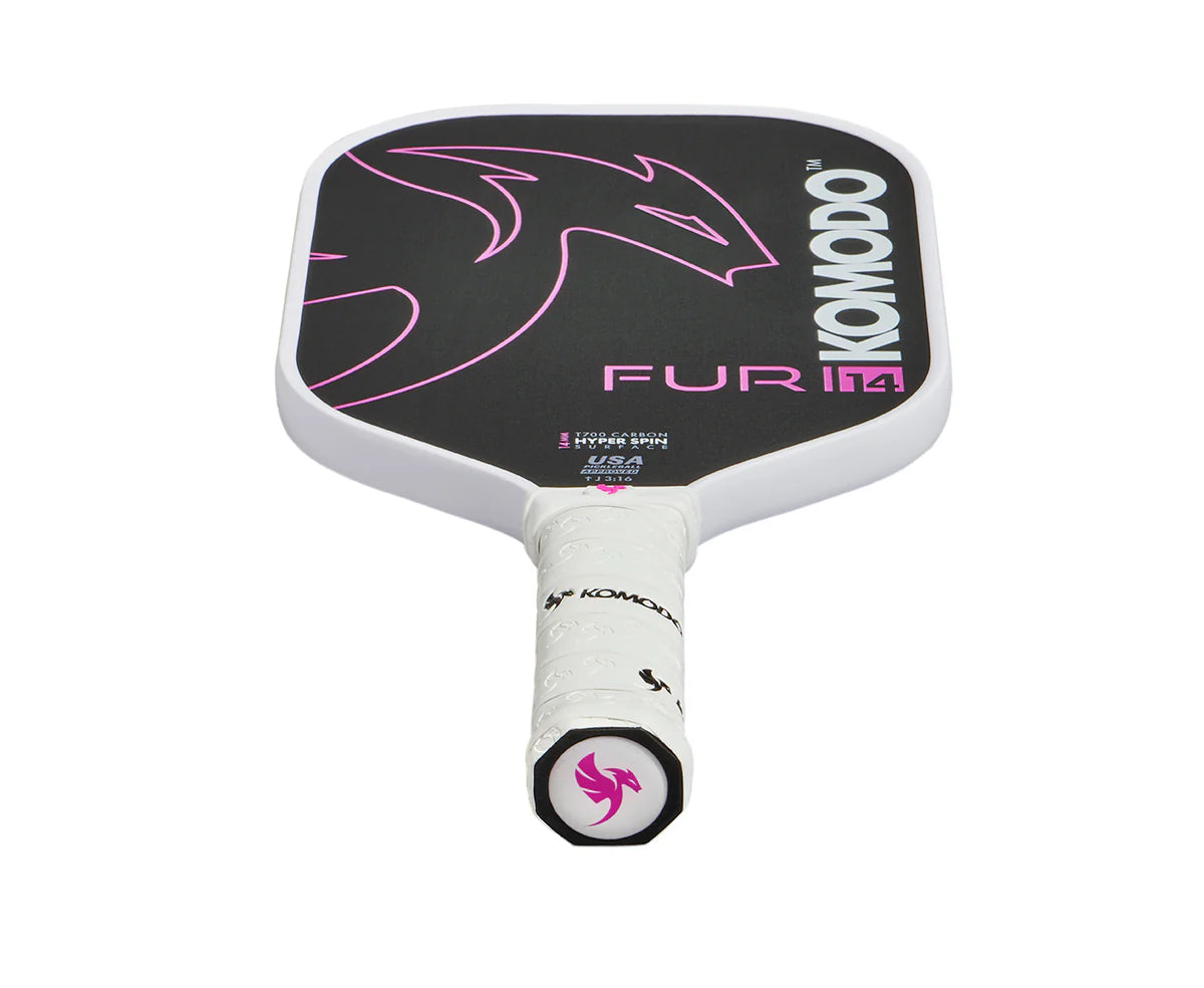 Furi 14mm Pink  & Black Pickleball paddle with Komodo branding on a white background