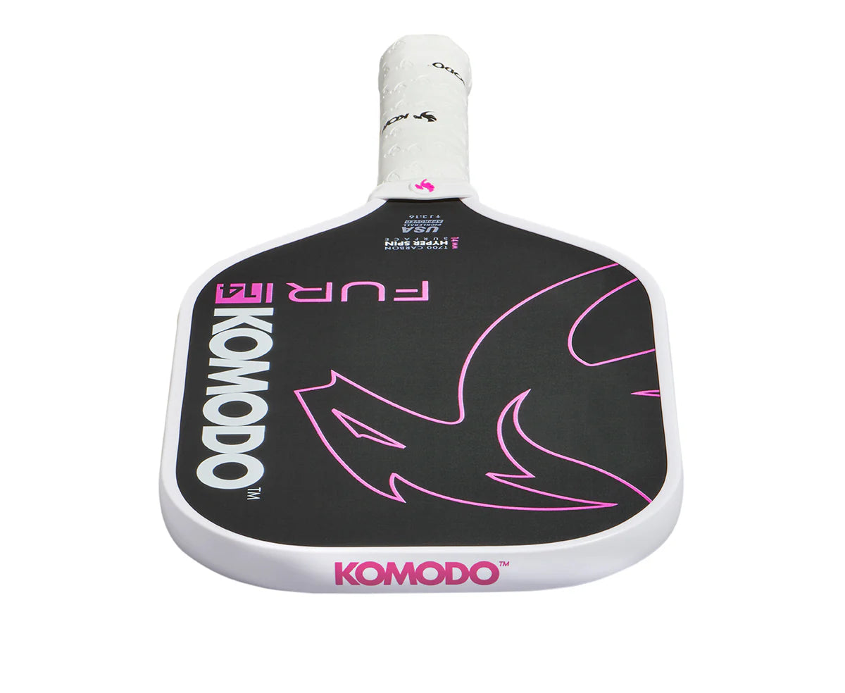 Furi 14mm Pink  & Black Pickleball paddle with Komodo branding on a white background