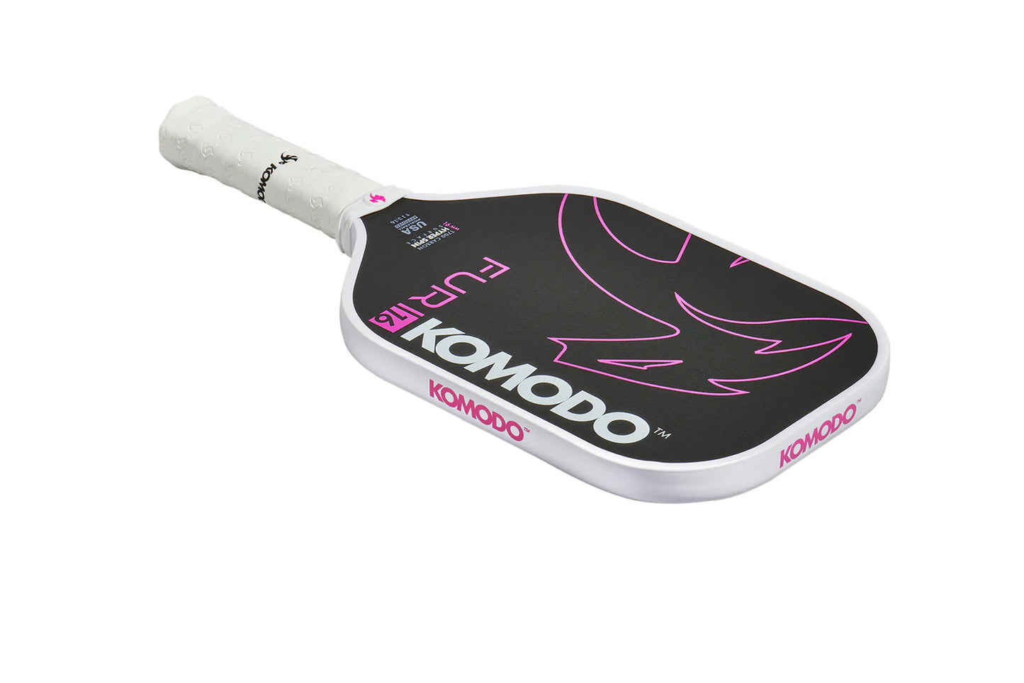 Furi 16mm Pink  & Black Pickleball paddle with Komodo branding on a white background