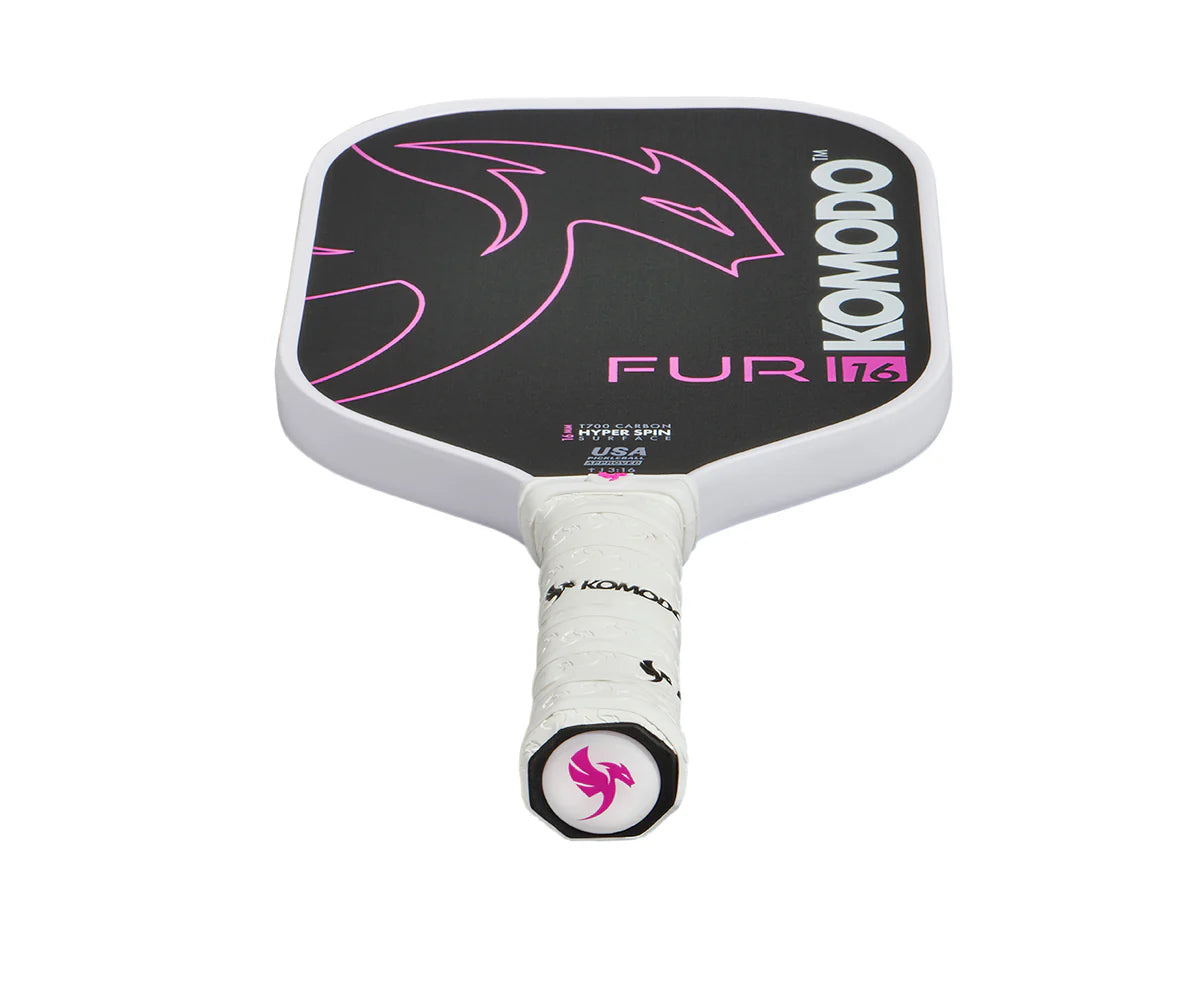 Furi 16mm Pink  & Black Pickleball paddle with Komodo branding on a white background