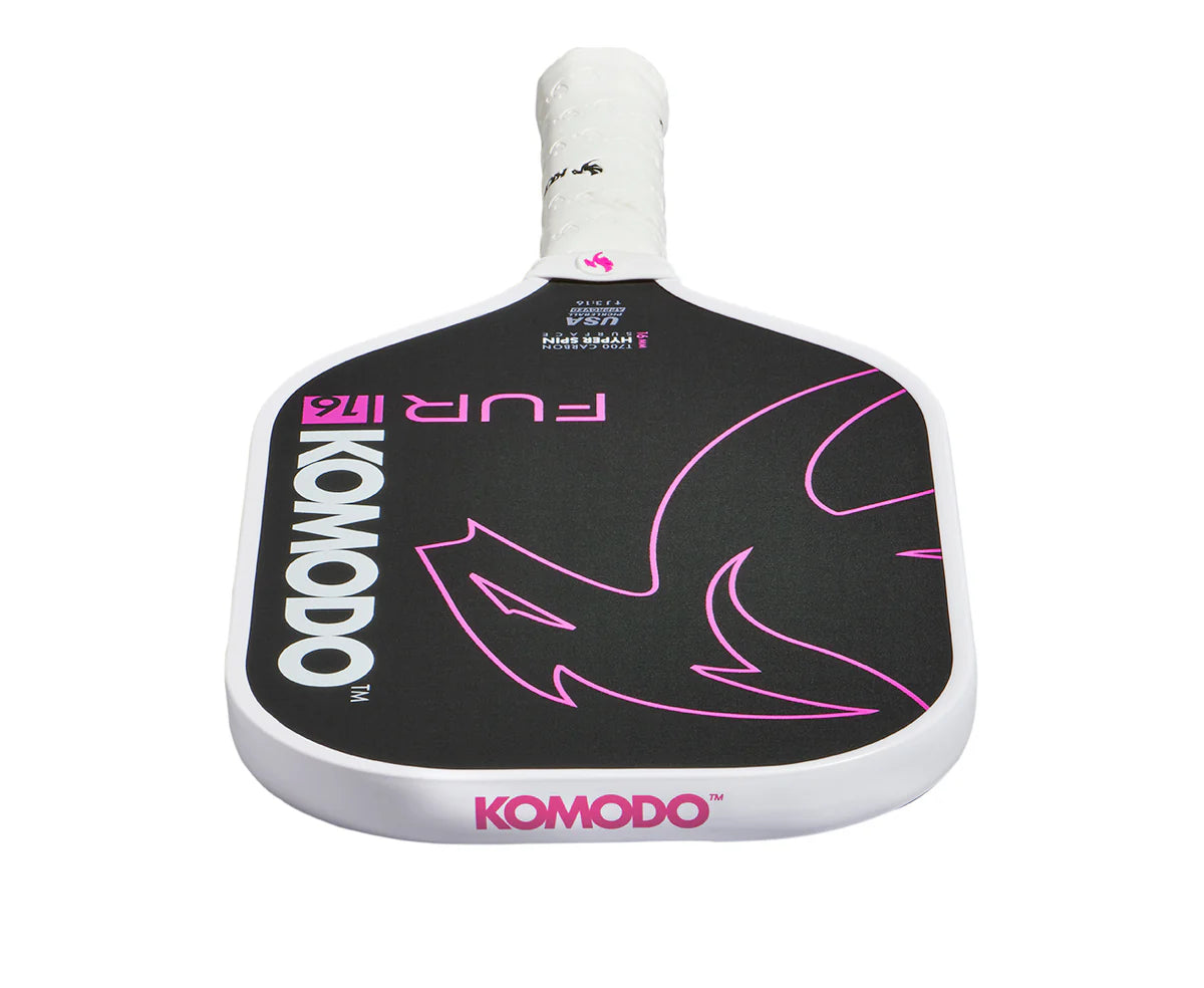 Furi 16mm Pink  & Black Pickleball paddle with Komodo branding on a white background