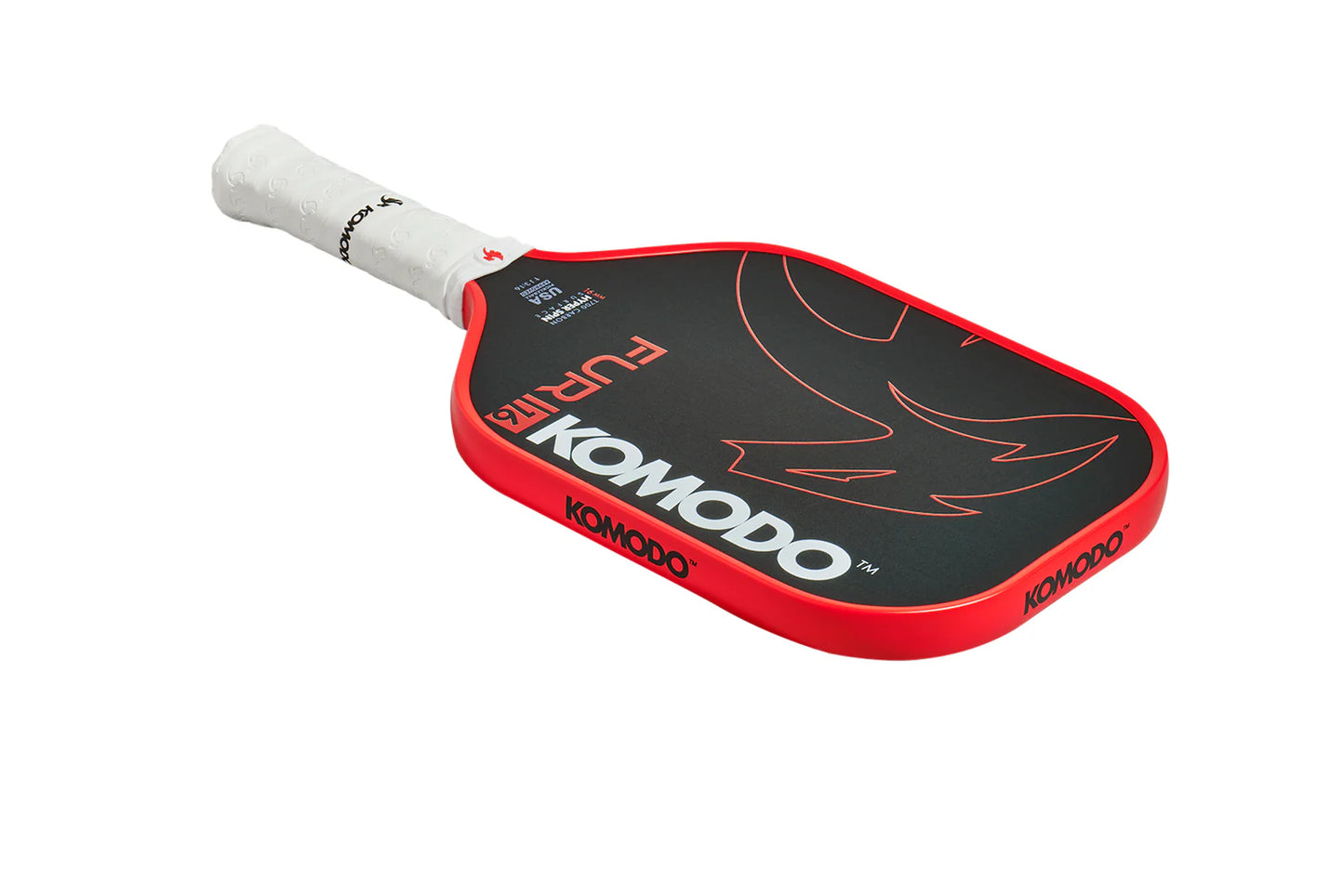 Furi 16mm Red & Black Pickleball paddle with Komodo branding on a white background