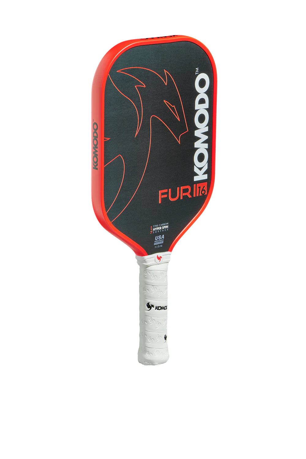 Furi 16mm Red & Black Pickleball paddle with Komodo branding on a white background