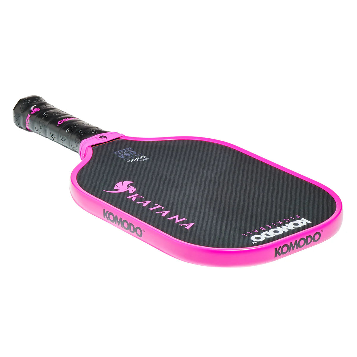 14mm Pink and black Komodo Katana kevlar pickleball paddle on a white background