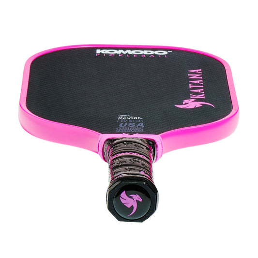 Best beginner to intermediate pickleball paddle. 14mm Pink and black Komodo Katana kevlar pickleball paddle on a white background