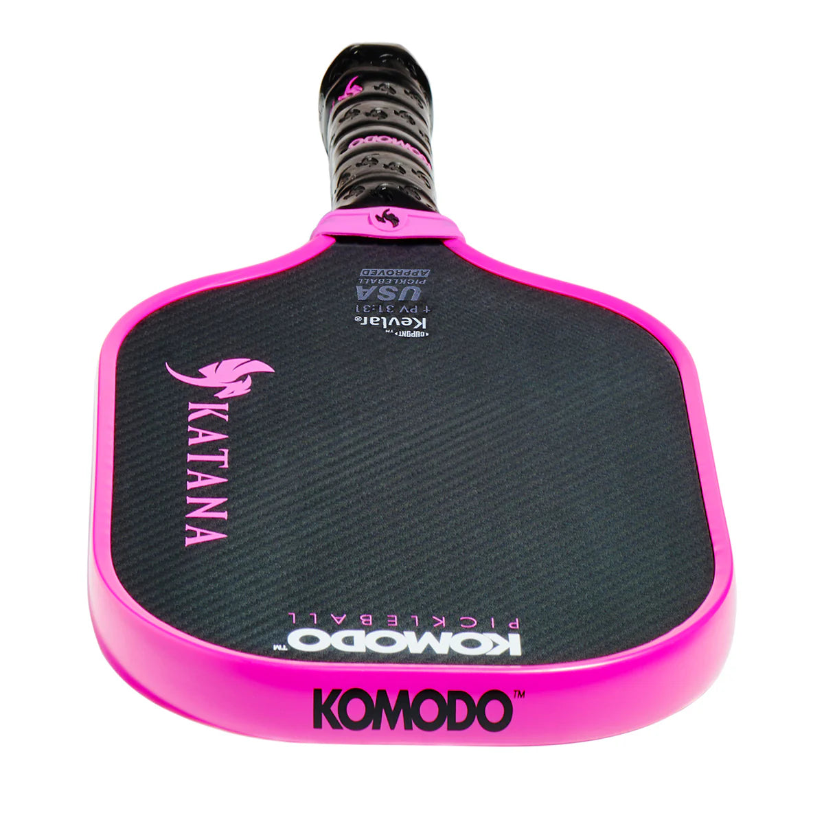 14mm Pink and black Komodo Katana kevlar pickleball paddle on a white background