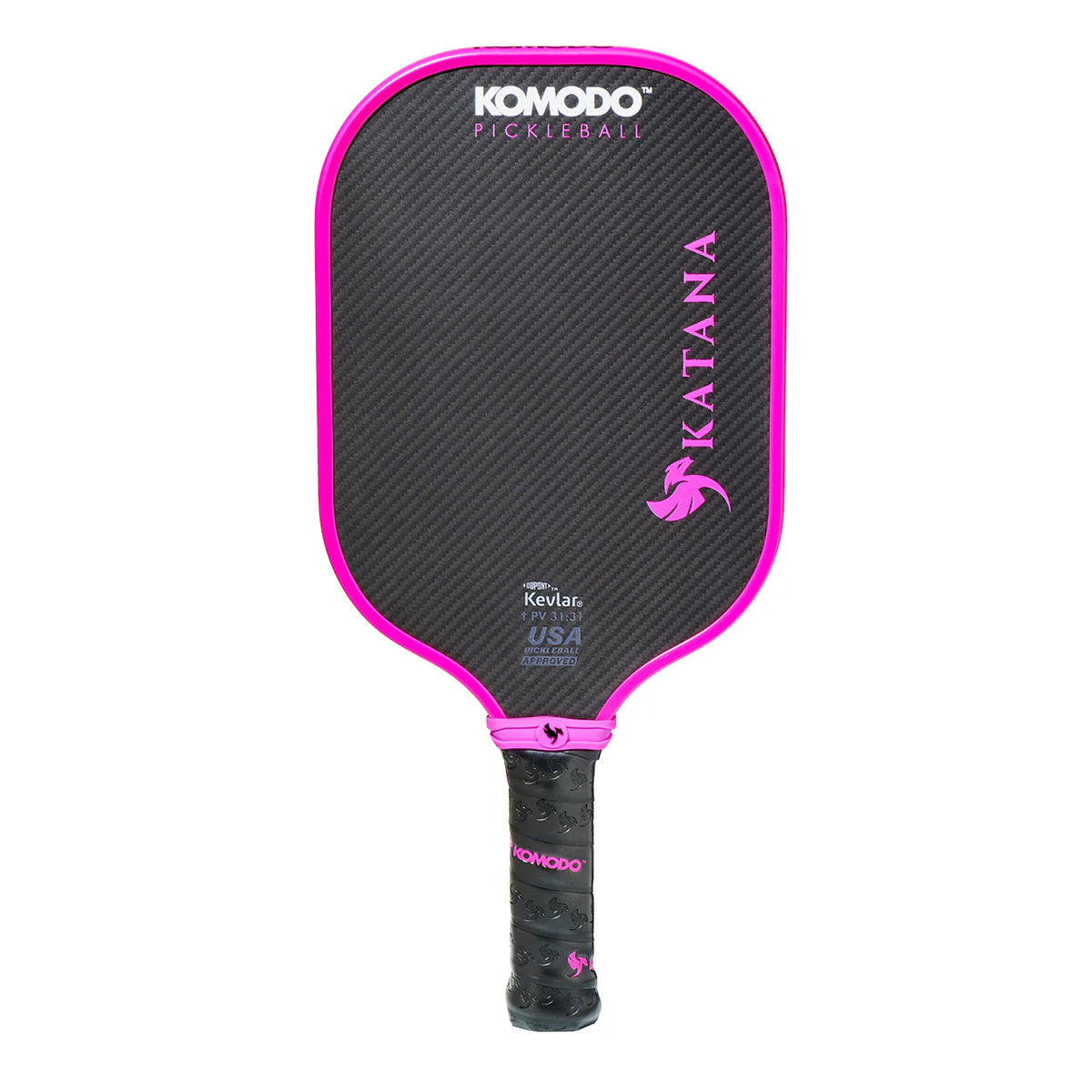 14mm Pink and black Komodo Katana kevlar pickleball paddle on a white background