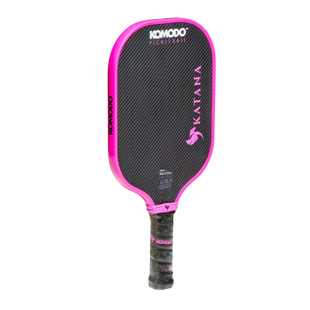 14mm Pink and black Komodo Katana kevlar pickleball paddle on a white background