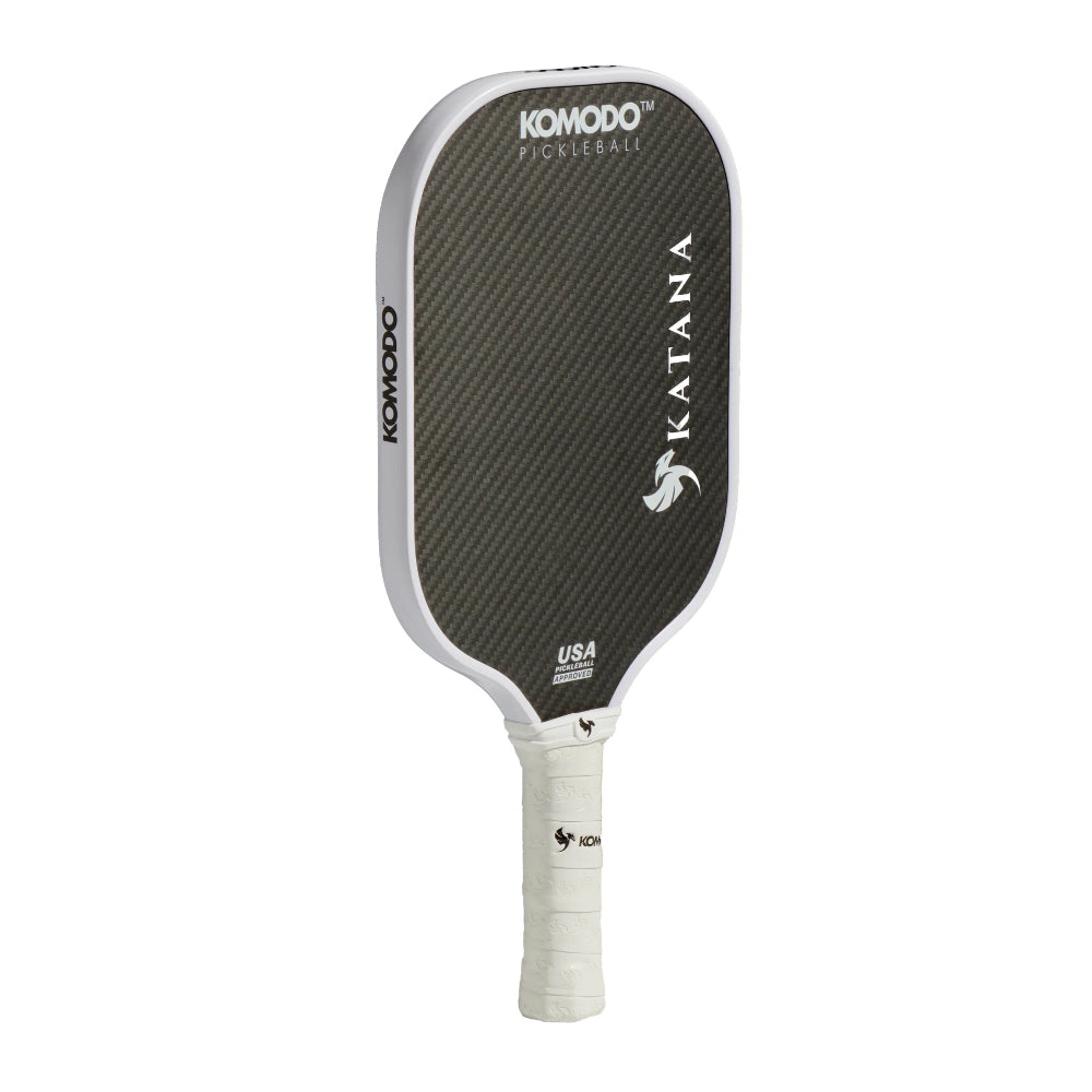 Komodo 16mm white & black Katana pickleball paddle on a white background