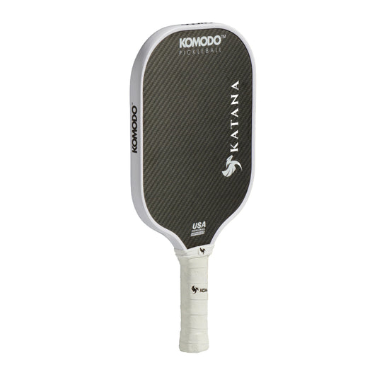 Komodo 16mm white & black Katana pickleball paddle on a white background