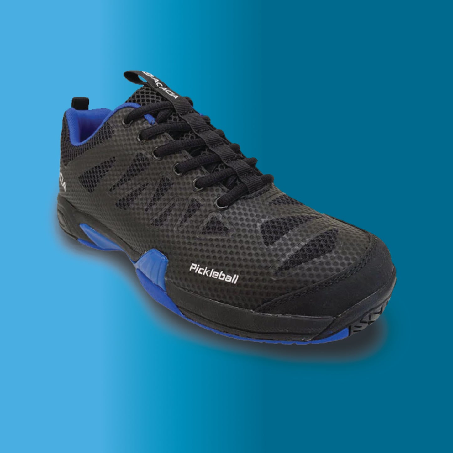 Black and blue pickleball shoe on a gradient blue background