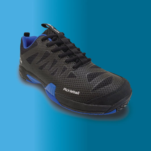 Black and blue pickleball shoe on a gradient blue background