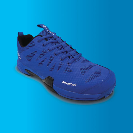 Blue pickleball shoe on a blue gradient background