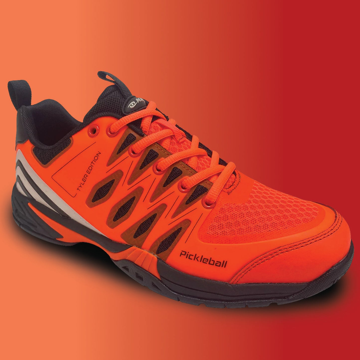 Tyle loong Solar Orange pickleball shoe on a red/orange background