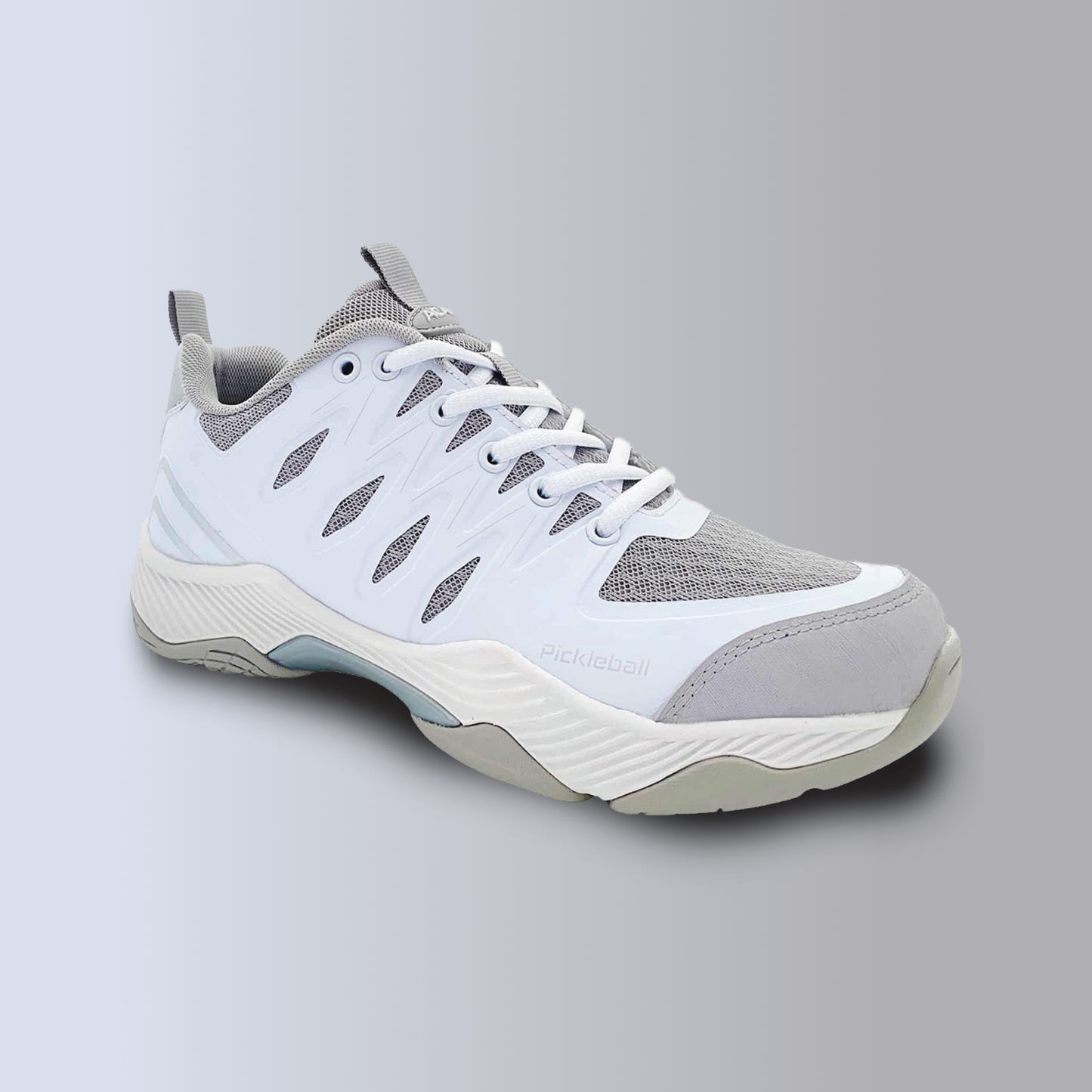 Pickleball shoe, White and gray athletic shoe on a light gray background