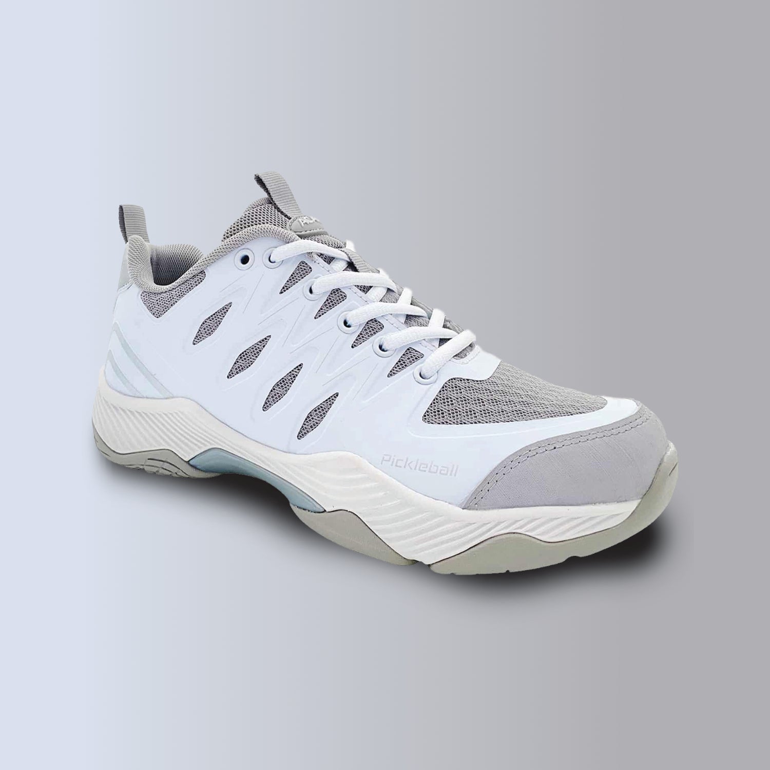 Pickleball shoe, White and gray athletic shoe on a light gray background