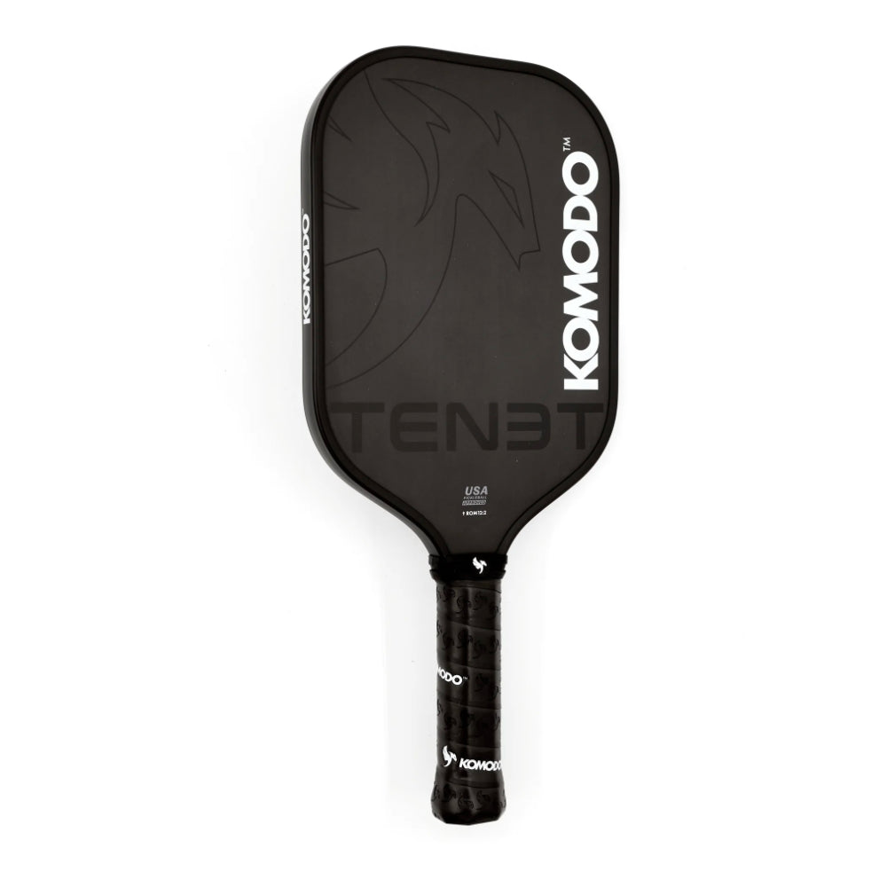 16mm Black Tenet pickleball paddle with 'Komodo' branding on a white background