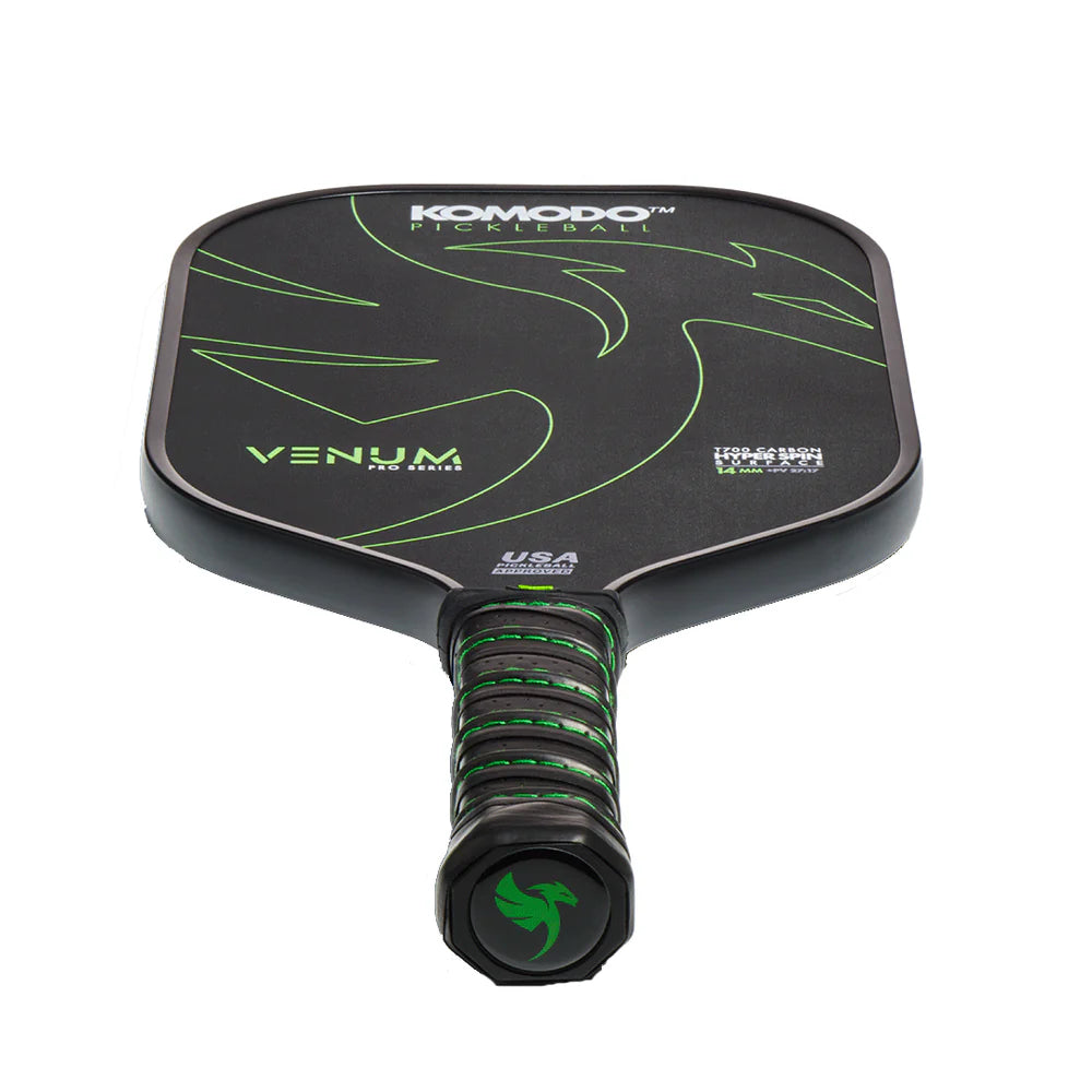 Venum 14mm pickleball paddle with green & Black design on a white background