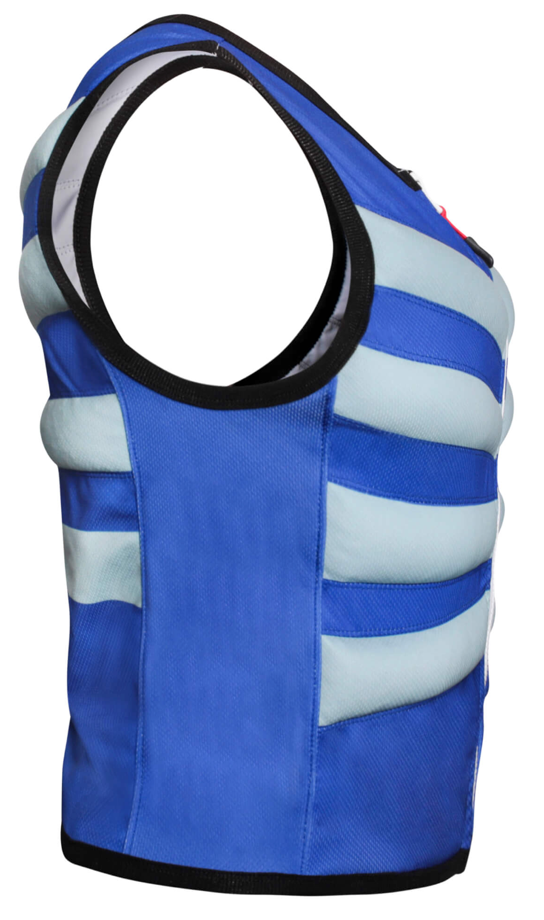 ArcticHeat cooling vest, reduce body heat, blue, side view, on white background