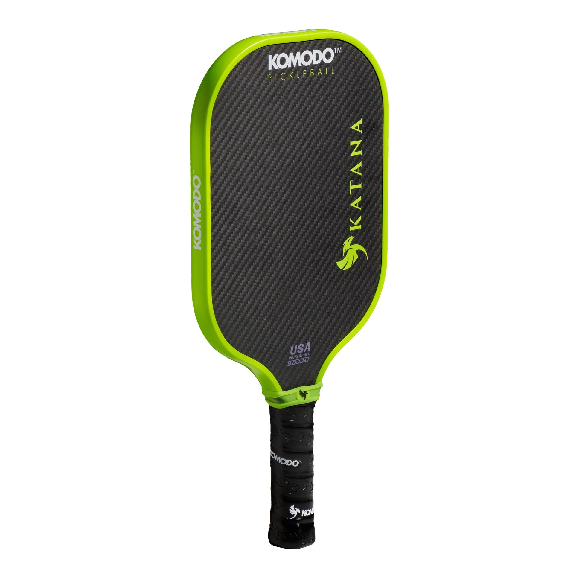 Komodo 16mm green & black Katana pickleball paddle on a white background