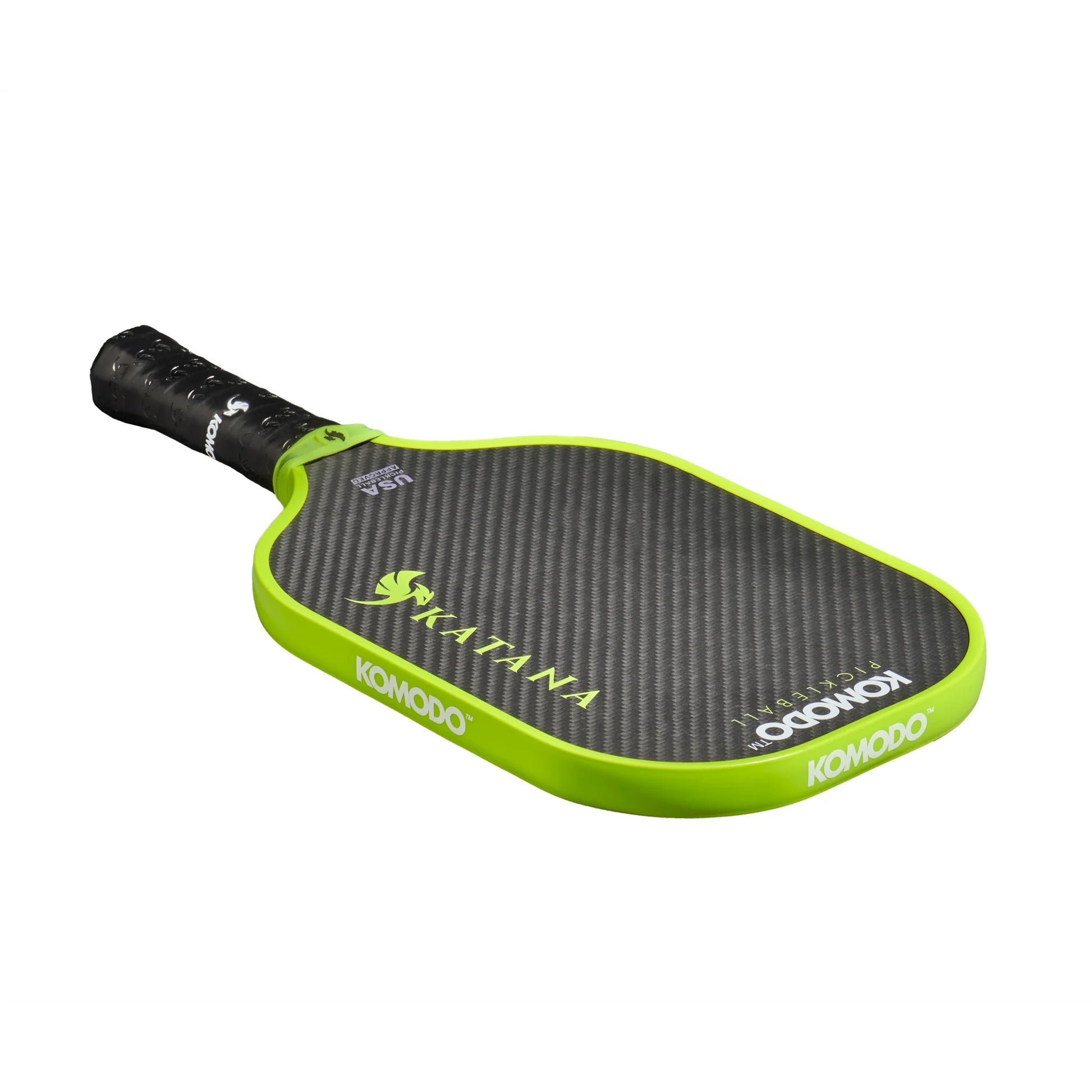 Komodo 16mm green & black Katana pickleball paddle on a white background