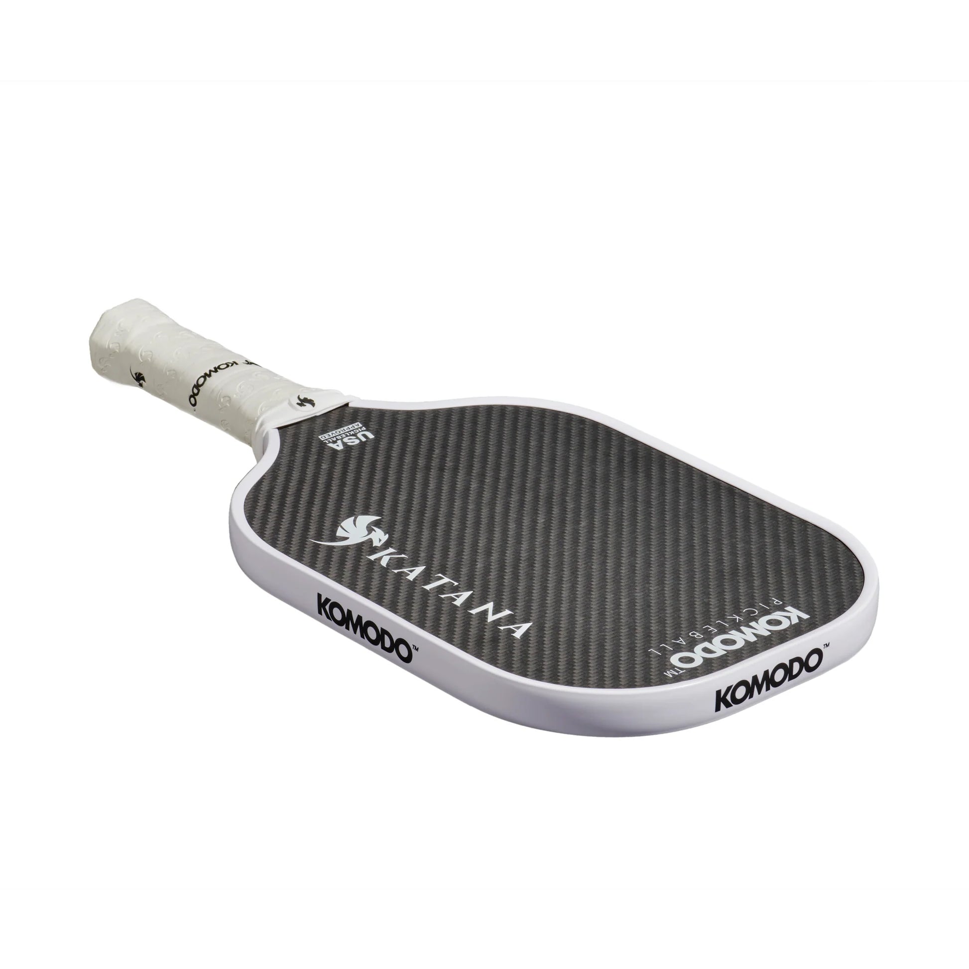 Komodo 16mm white & black Katana pickleball paddle on a white background
