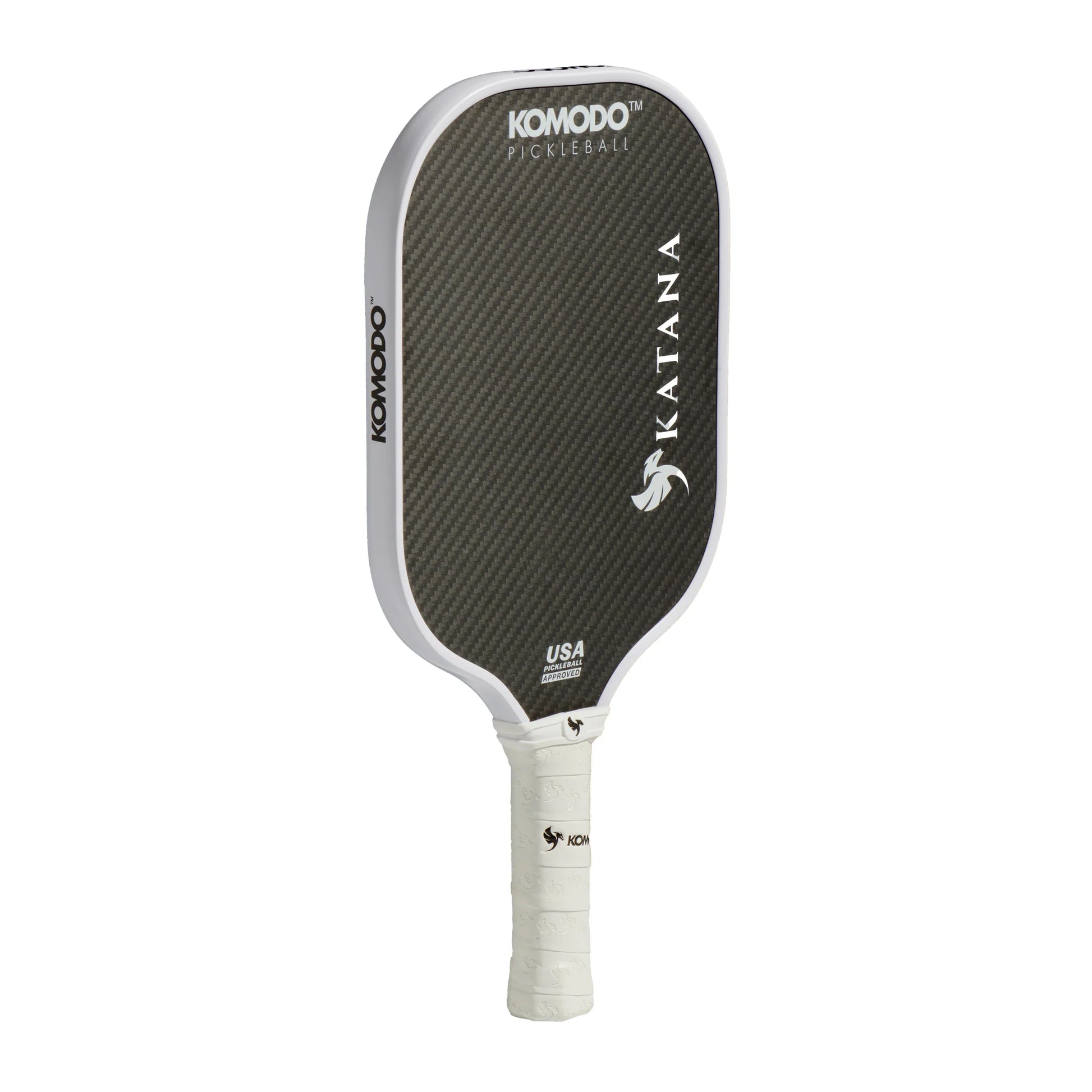 Komodo 16mm white & black Katana pickleball paddle on a white background