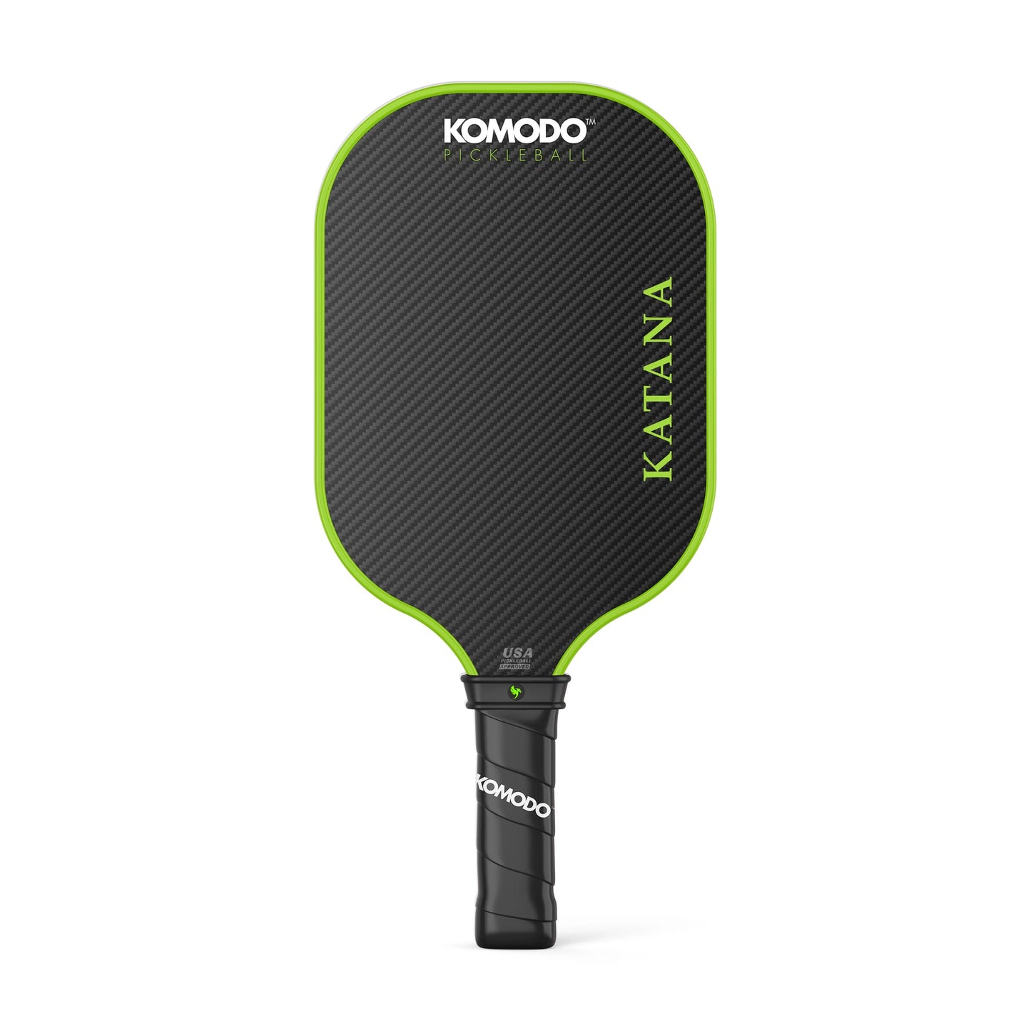 Komodo 16mm green & black Katana pickleball paddle on a white background
