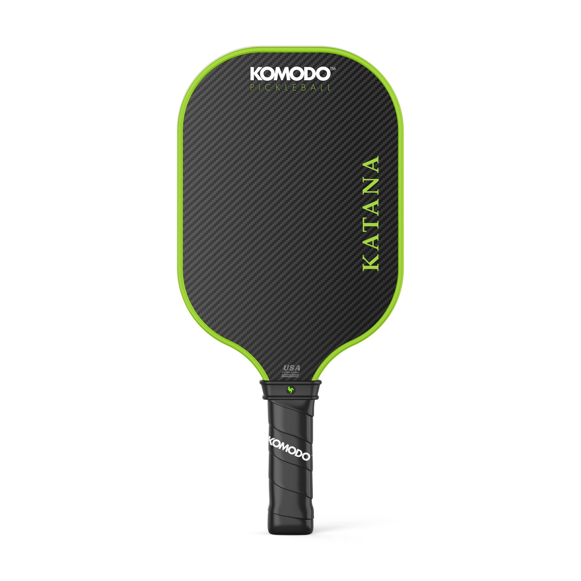 Komodo 16mm green & black Katana pickleball paddle on a white background