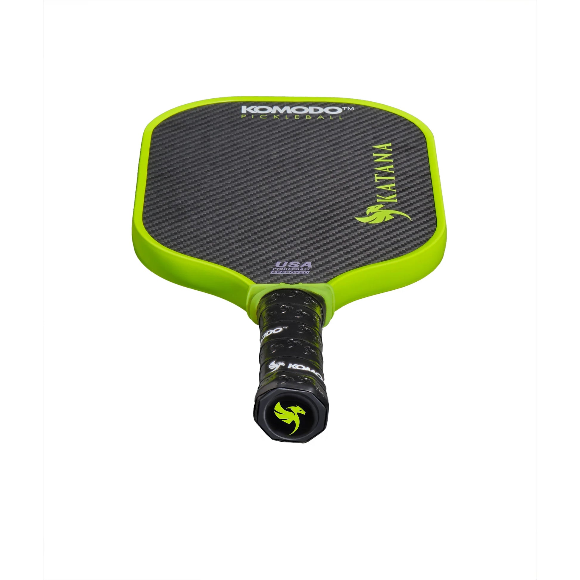 Komodo 16mm green & black Katana pickleball paddle on a white background